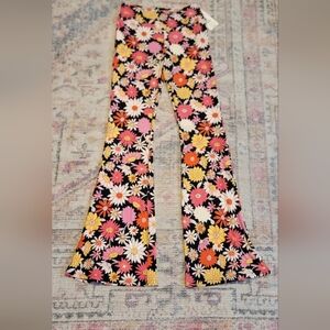 Flared Floral Print Flare Pants in Black, Pink & Yellow Size S 3-5